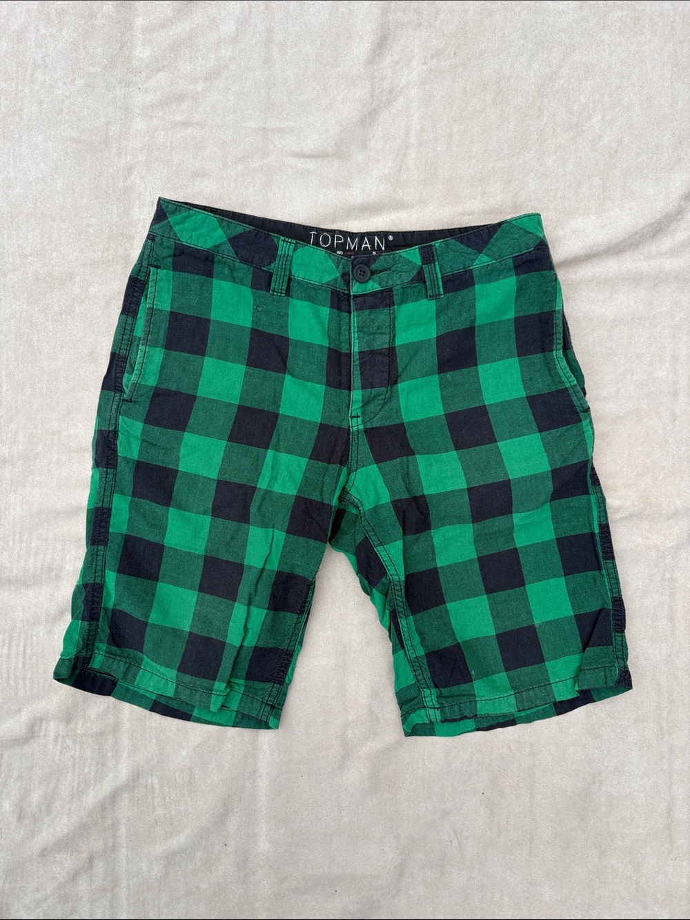⛳Topman Green and Black Checked Flat Front Shorts - 30